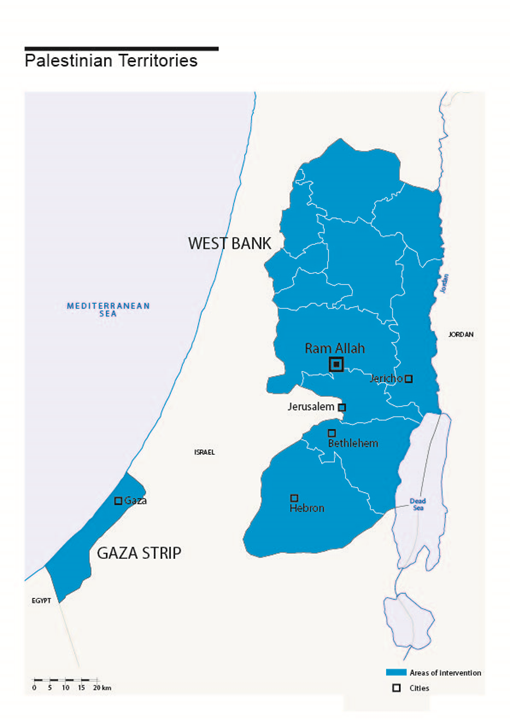 Carte des interventions de HI dans les territoires palestiniens