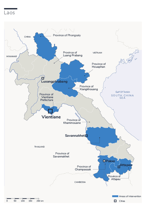 Carte des interventions de HI au Laos