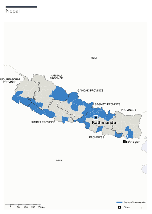 Carte des interventions de HI au Népal